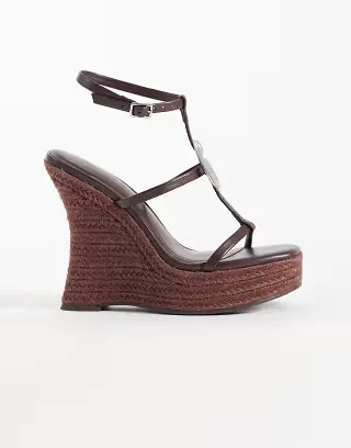 ASOS DESIGN Tia skinny wedge sandals with fossil detail in chocolate