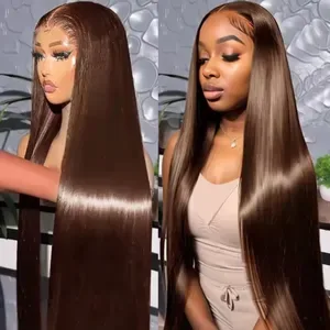 30-36 Inch Chocolate Brown 13x4 13x6 HD Lace Frontal Wig - Long Straight Pre-Plucked Human Hair Wigs for Women Synthetic
