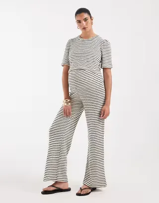 Vero Moda Maternity jersey crochet wide leg pants in black and cream stripe - part of a set