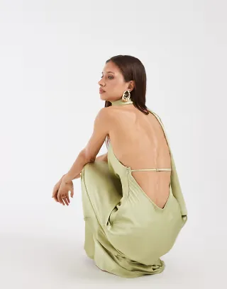 ASOS DESIGN satin scarf cowl neck maxi dress in olive green