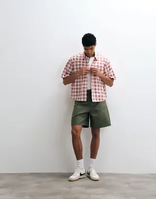 ASOS DESIGN boxy oversized micro plaid shirt with chest print in red