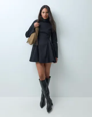 ASOS DESIGN funnel neck tailored godet mini dress in black textured twill