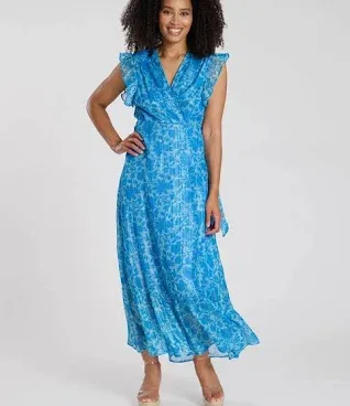 South Beach Women's Printed Frill Shoulder Wrap Midi Dress