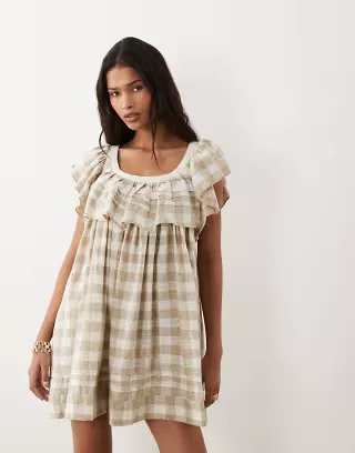 ASOS DESIGN scoop neck mini smock dress with ruffles in tan plaid