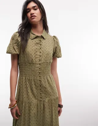 Daisy Street eyelet button down midaxi dress in olive green