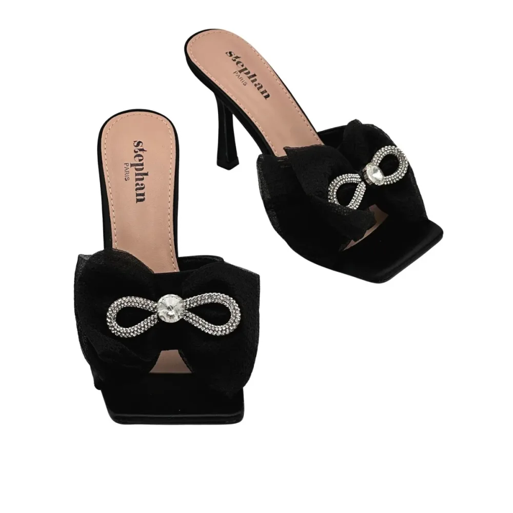 BOW DETAIL DIAMANTE HIGH HEEL MULES