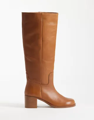 ASOS DESIGN Clyde round toe pull-on knee boots in tan leather