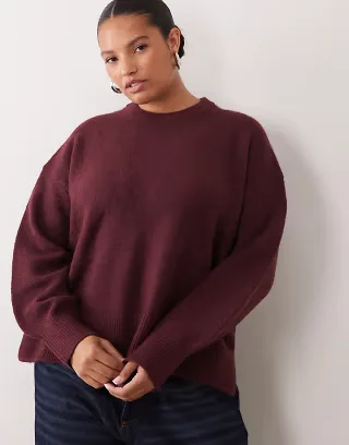 ASOS DESIGN Curve boxy sweater with side slit detail in burgundy