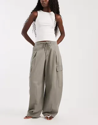 ASOS DESIGN balloon pants with drawstring waist in khaki