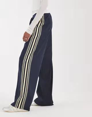ONLY Tall wide leg satin pants with side stripe in navy