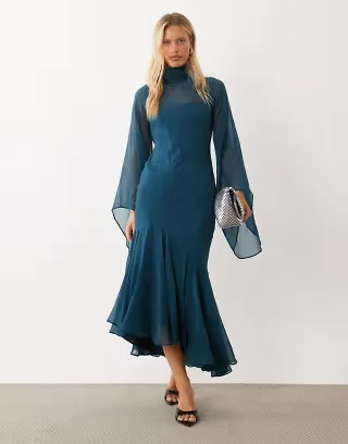 ASOS DESIGN fluted sleeves midaxi dress with asymmetric ruffle hem in teal