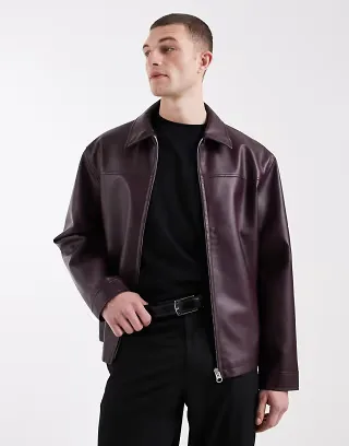 ASOS DESIGN faux leather harrington jacket in burgundy