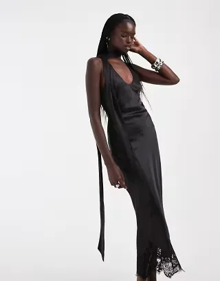 ASOS DESIGN scoop neck satin column maxi dress with lace hem and scarf in black