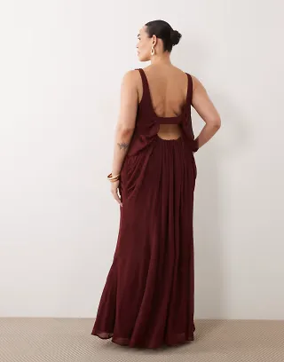 ASOS DESIGN Curve blouson drape maxi dress with low back in hot chocolate