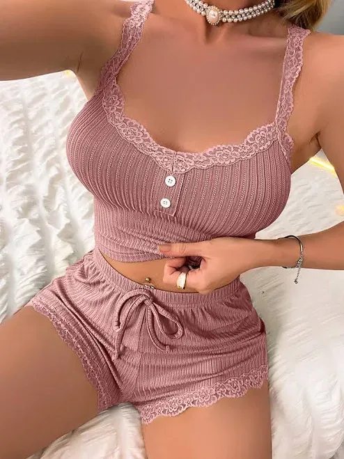SHEIN Women's Lace Trim Ribbed Knit Pajama Set