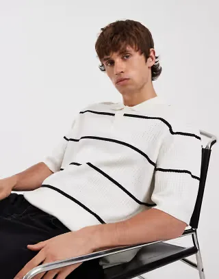 Redefined Rebel felix oversized knit striped button up polo shirt in white