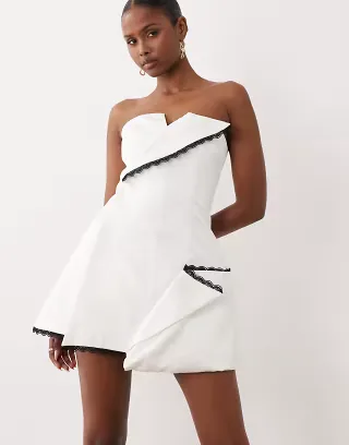 ASOS LUXE satin bandeau mini dress with contrast trim detail in white