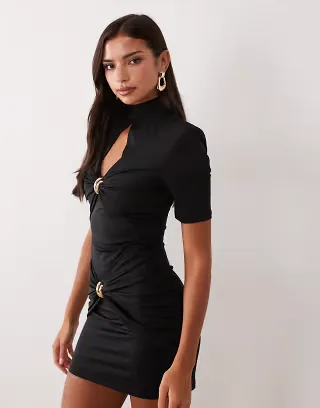 Ruched & Ready sculpted high neck sculpted cut out gold hardware detail mini dress in black