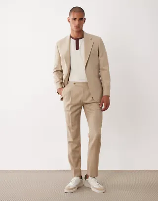 ASOS DESIGN premium 100% wool slim suit in stone