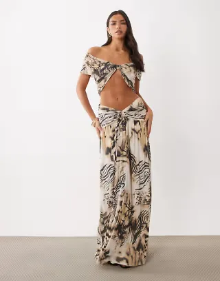 ASOS DESIGN gathered waist mesh maxi skirt in animal print - part of a set