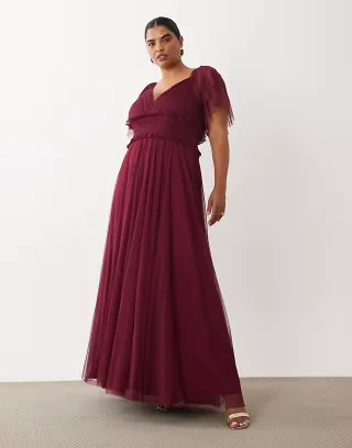 Lace & Beads Plus Bridesmaid shirred waist v neck mesh flutter sleeve maxi dress in fig