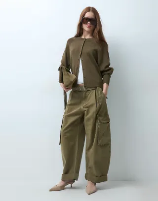 ASOS DESIGN Petite roll hem cargo trouser with eyelet belt in washed khaki