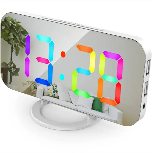 8813 Dynamic RGB Digital Alarm Clock Automatic Dimming Large HD Display Desktop Alarm Clock Dual USB Output Mirror LED E