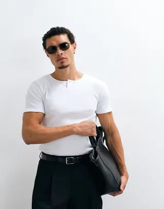 ASOS DESIGN regular fit T-shirt with mini henley neck in white rib