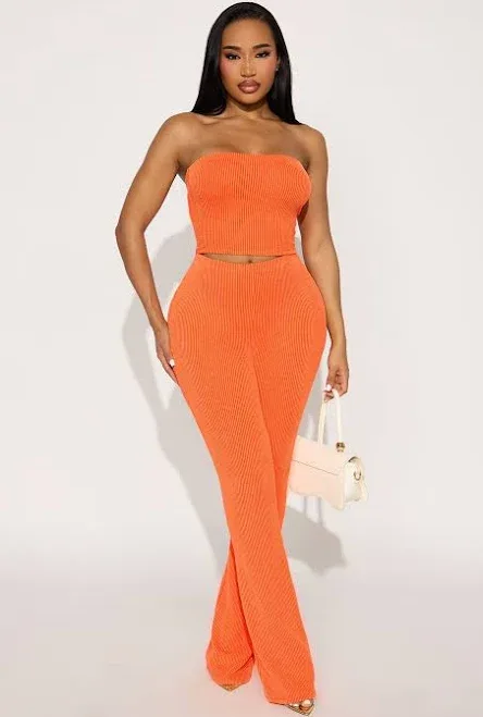 Fashion Nova Reya Ribbed Cropped Tube Top Flare Pant Set