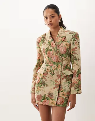 ASOS DESIGN structured double breasted blazer mini dress in vintage floral tapestry