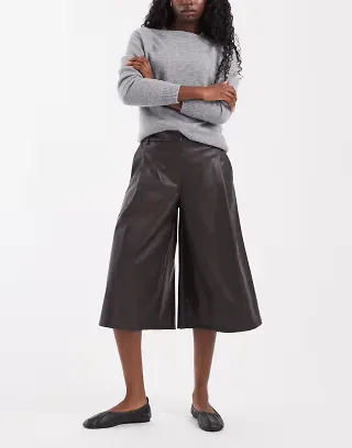 ASOS DESIGN Tailored faux leather high waist culotte pants in chocolate