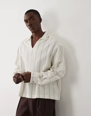 ASOS DESIGN oversized overhead linen look striped shirt in beige
