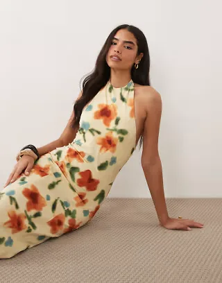 ASOS DESIGN halter trapeze midi dress in blurred floral print