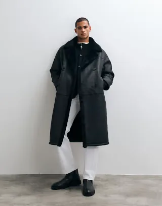 ASOS DESIGN longline borg aviator coat in black