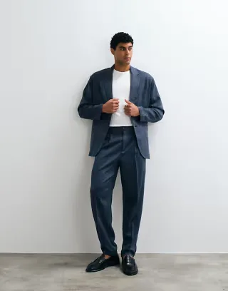 ASOS DESIGN oversized tapered denim look suit in navy pinstripe