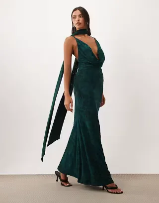 ASOS DESIGN floral devore deep cowl maxi dress with scarf detail in teal