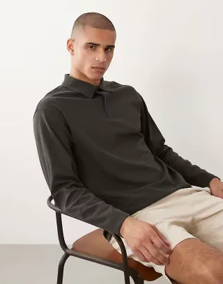 Selected waffle long sleeve polo in brown