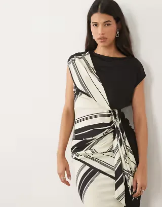 ASOS DESIGN contrast short sleeve top with draped tie front in black and off-white stripes - part of a set