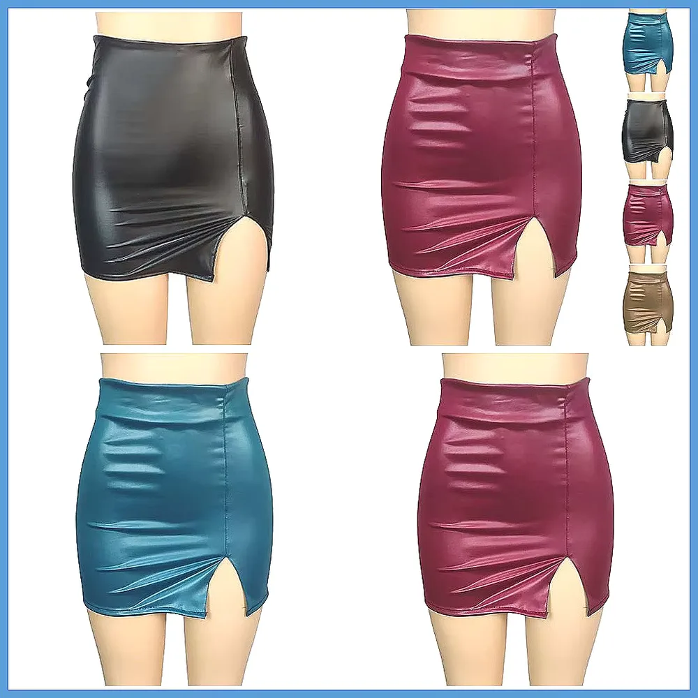 Women's Faux Leather High Waisted Skirt with Slit, Ruched Wrap & Back Zip | Sexy A-Line Club Skirt