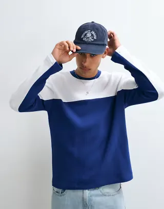 ASOS DESIGN relaxed long sleeve T-shirt with contrast in blue and white waffle