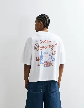 ASOS DESIGN boxy oversized T-shirt with food and drink graphic in white