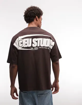 ASOS DESIGN oversized T-shirt with text graphic in brown
