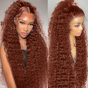 Brand 40 Inch Brazilian Deep Wave Wig - 13x4 HD Lace Frontal, 250% Density, Copper Red Curly Glueless Human Hair