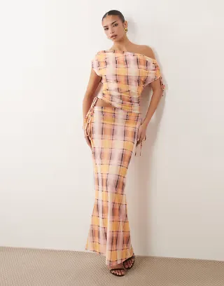 ASOS DESIGN printed mesh ruched maxi skirt in buttermilk floral print - part of a set