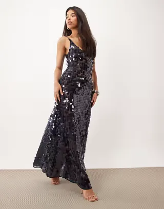 ASOS DESIGN disc scatter sequin scoop neck maxi dress in midnight