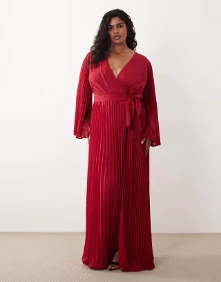 TFNC Plus jacquard pleated wrap long sleeve maxi dress in red