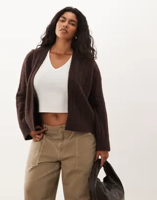 ASOS DESIGN Curve edge to edge cardigan in wide rib in chocolate