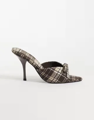 ASOS DESIGN Nelly bow detail high heeled mules in plaid