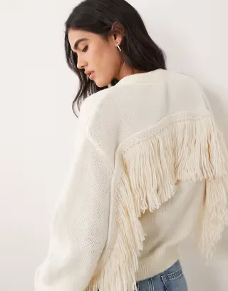 Pieces oversized knitted fringe sweater in cream