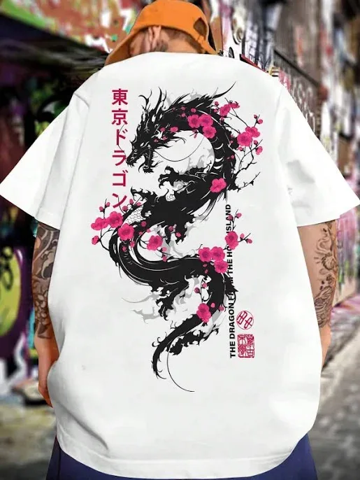 Men's Oversized Y2K White Dragon Graphic T-Shirt